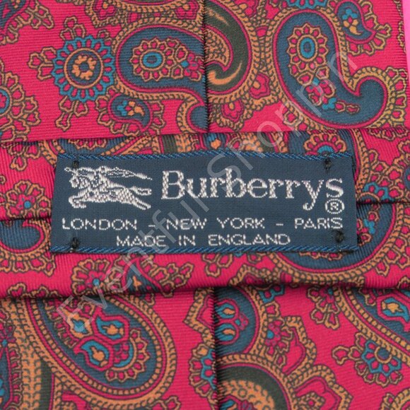 Vintage Burberry Tie Mens Red Silk Teardrop Paisley Grosgrain - Picture 3 of 4